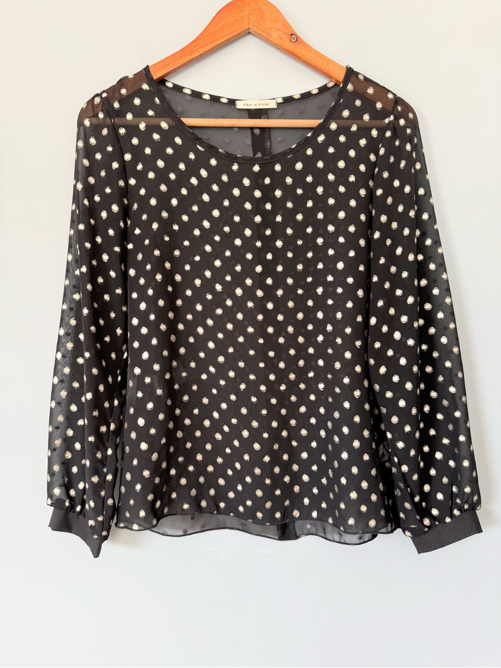Tea n Rose Black Sheer Polka Dot Blouse Size Small Long Sleeve Chiffon Top